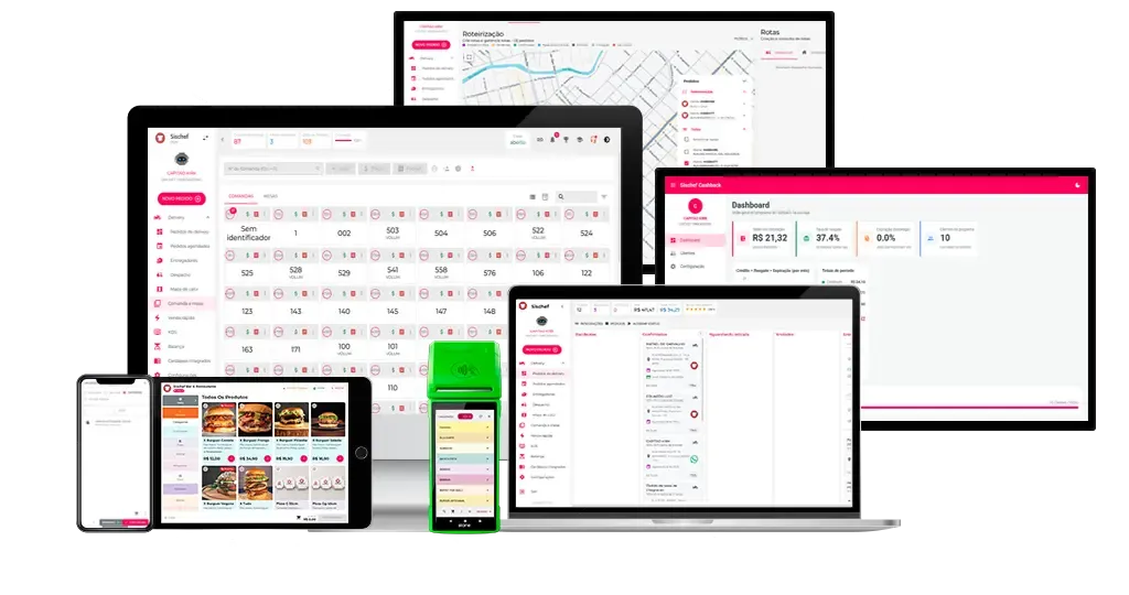 O Sischef rodando em computador, tablet, celular e SmartPOS