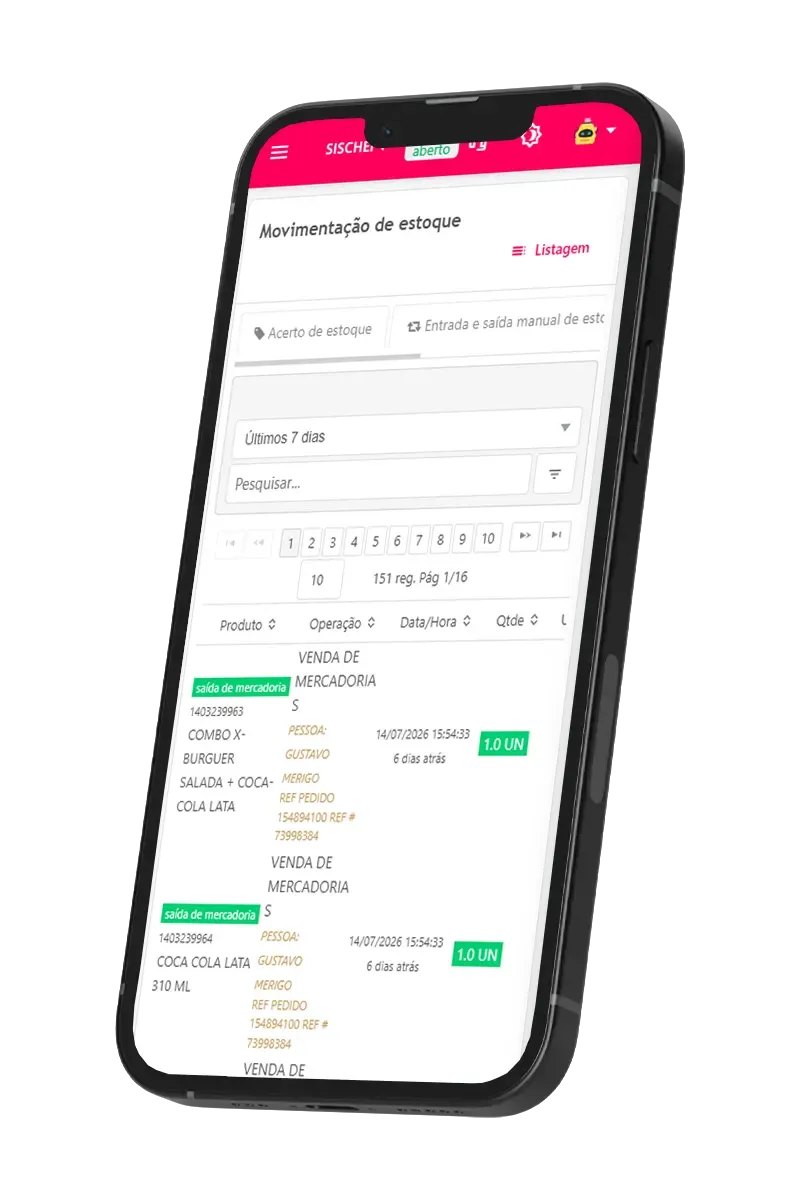 Controle de estoque do Sischef aberto no celular