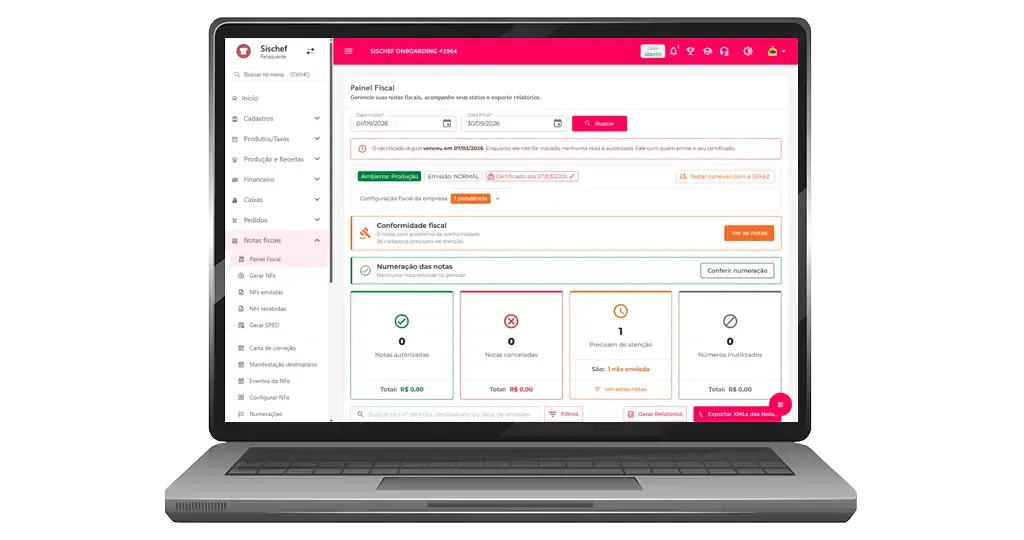 Painel Fiscal do Sischef no notebook, com as notas autorizadas, canceladas e inutilizadas