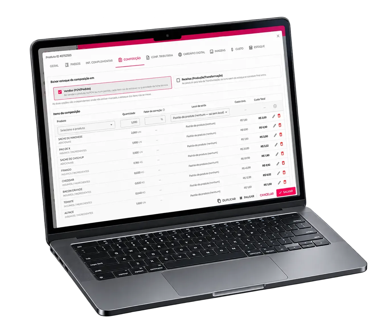 Tela de composição de produto do Sischef no notebook, com ingredientes, quantidades e custo