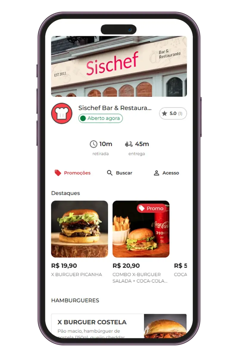 Tela do Cardápio digital do Sischef