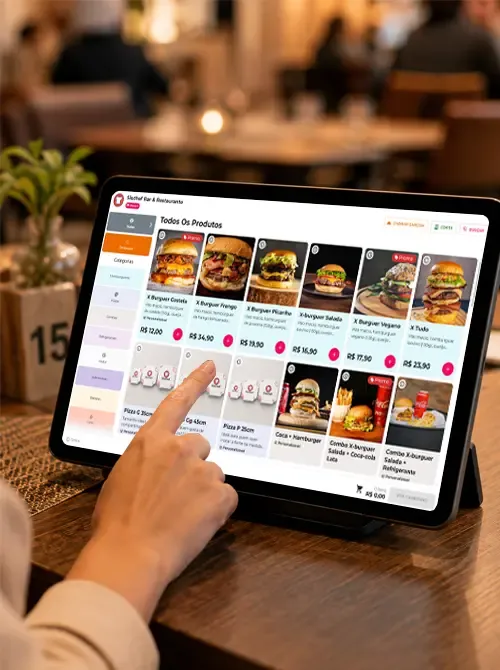 Cliente pedindo pelo tablet na mesa do restaurante