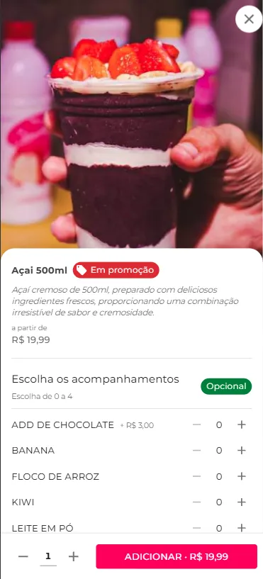 Cardápio digital do Sischef no celular, com um açaí de 500 ml e a lista de acompanhamentos para escolher