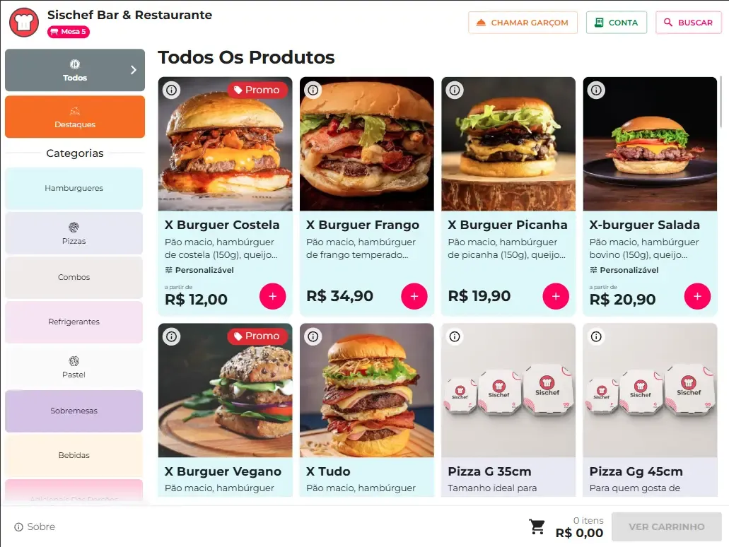 Cardápio do Sischef aberto no tablet da mesa