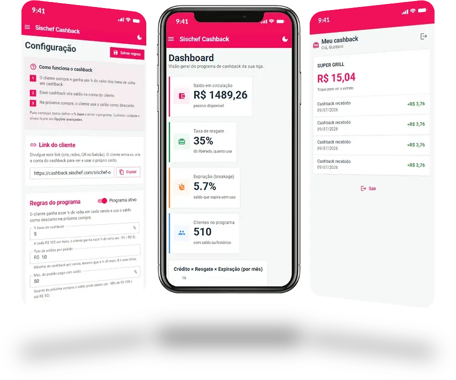 Telas de configuração, painel e saldo do cliente no cashback do Sischef