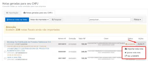 tela de listagem das notas para importar