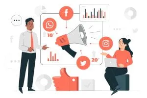 Duas pessoas conversando sobre marketing digital e estratégias de publicidade nas redes sociais