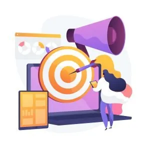 Computador com um alvo e um alto falante sinalizando publicidade e estratégia de marketing