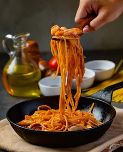 Um prato de macarrão ao molho de tomate