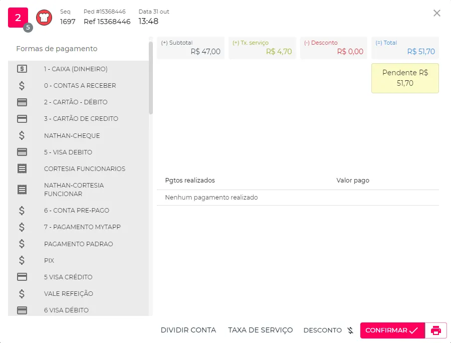 Selecionar a opção de divisão de contas