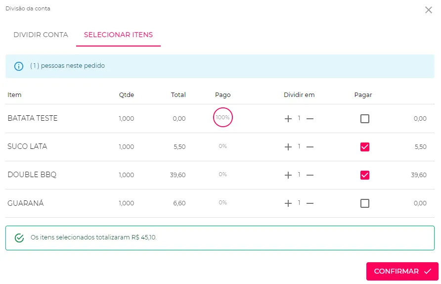 Tela de divisão de contas por item