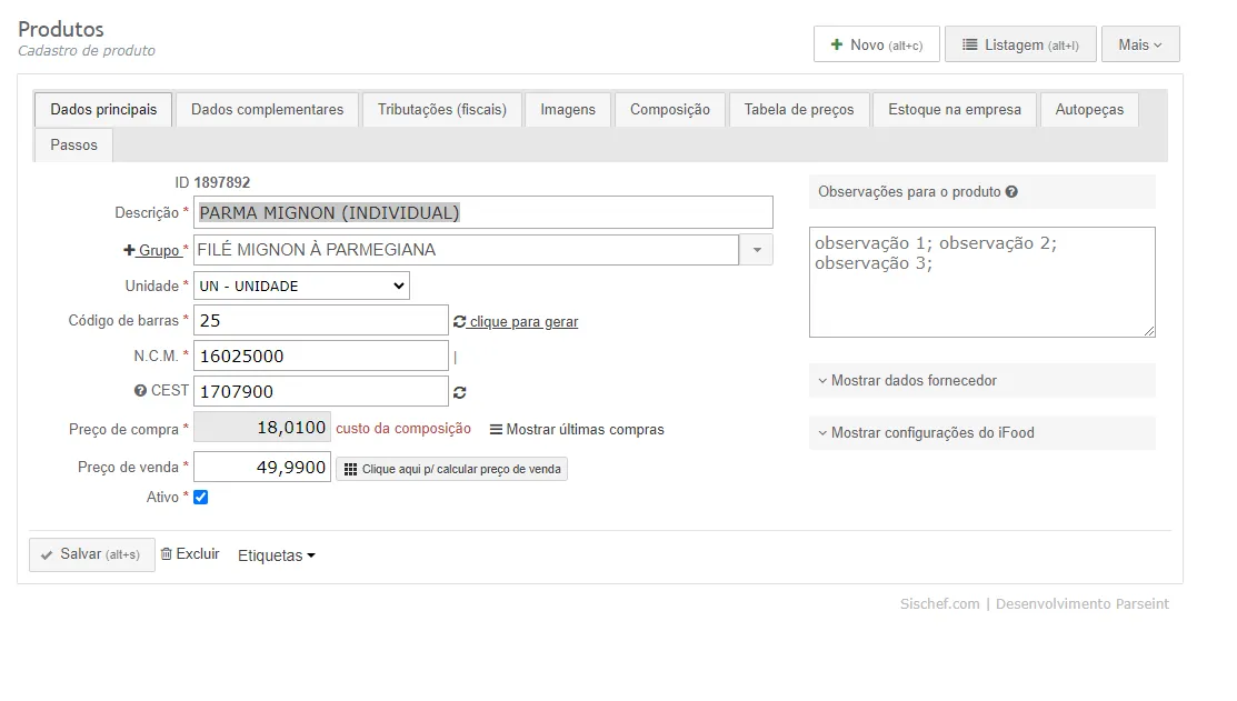 relatório do CMV teórico no Sischef