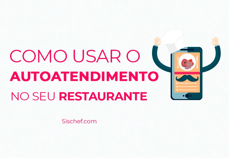Imagem com fundo branco, letras rosa magenta e um vetor de um tablet dom uma imagem de cardápio no display, braços abertos e um chapéu de chef de cozinha.