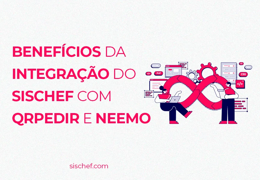 Capa com fundo branco e letras rosa. Imagem em vetor de um sistema de gestão integrado funcionando enquanto uma mulher e um homem estão olhando o funcionamento.