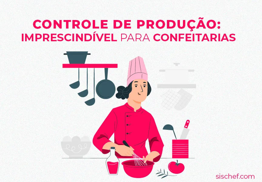 Capa com fundo branco e letras rosa. Imagem em vetor de uma confeiteira trabalhando. Controle de produção.