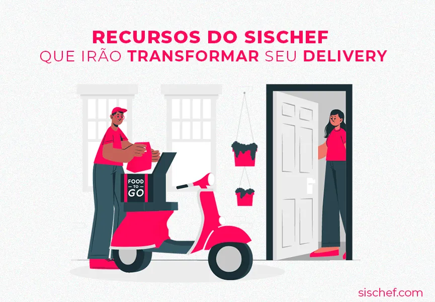 Capa com fundo branco e letras rosa. Com imagem em vetor de um entregador fazendo um delivery. Sischef