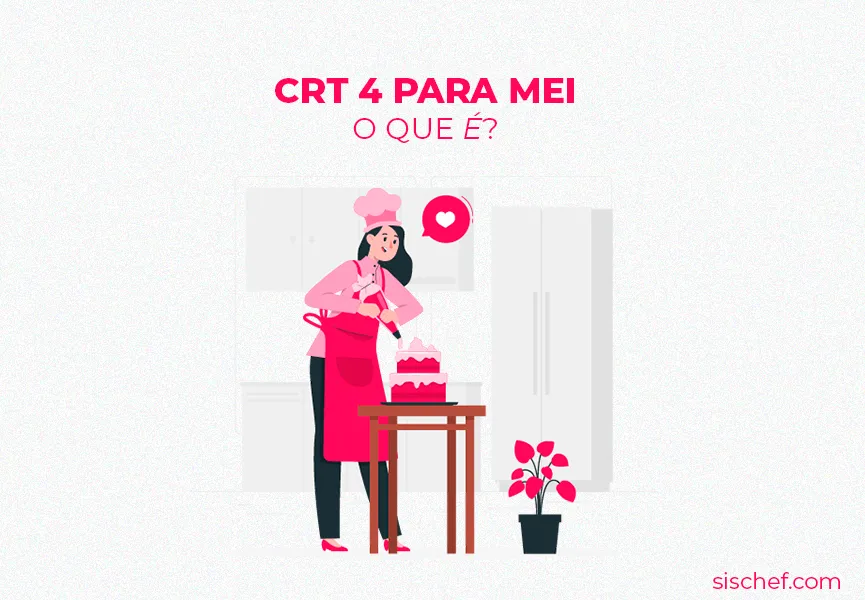 Capa com fundo branco e letras rosa. Imagem em vetor de uma confeiteira MEI preparando um bolo. CRT 4.