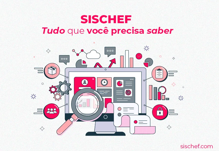 Capa com fundo branco e letras rosa. Imagem em vetor de um monitor com o Sischef aberto.