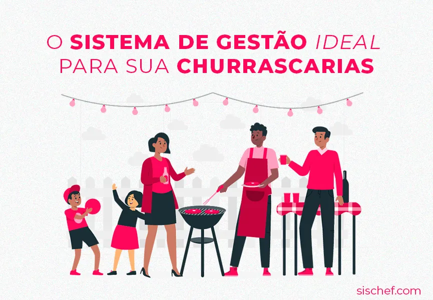 Capa com fundo branco e letras em rosa. Imagem em vetor de amigos fazendo churrasco. Churrascarias.