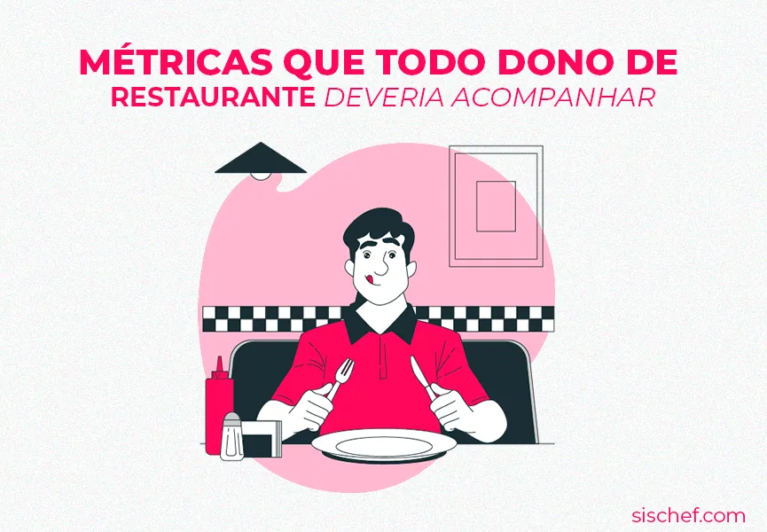 Capa com fundo branco e letras rosa. Imagem em vetor de um homem aguardando sua refeição. Métricas