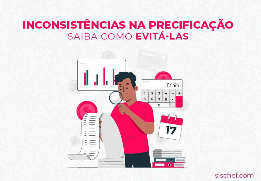Capa com fundo branco e letras rosa. Imagem em vetor de um homem fazendo cálculos de precificação.