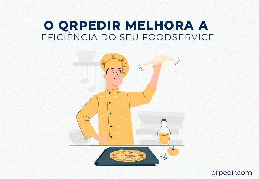 Capa com fundo branco e letras azuis. Imagem em vetor de um pizzaiolo. QRpedir.