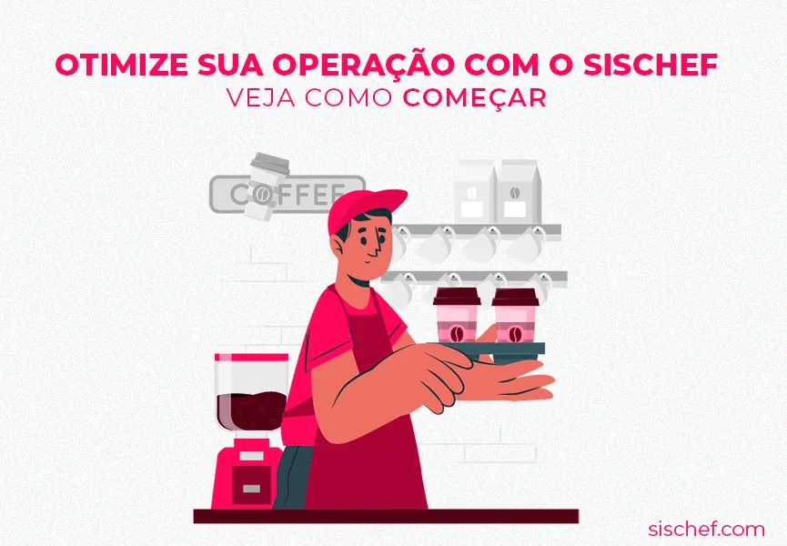 Capa com fundo branco e letras rosa. Imagem em vetor de um homem trabalhando na operação de uma cafeteria.