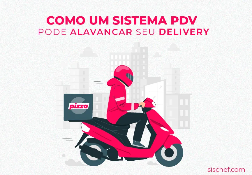 Capa com fundo branco e letras em rosa. Imagem em vetor de um entregador delivery. PDV