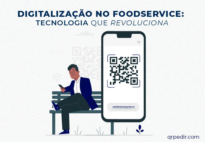 Capa com fundo branco e letra azul. Imagem em vetor de um homem conferindo um cardápio digital.