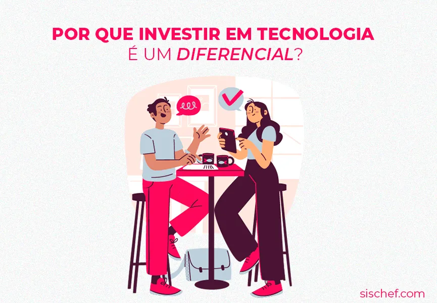 Capa com fundo branco e letras rosa. Imagem em vetor de um homem e uma mulher pedindo café. Uso de tecnologia.