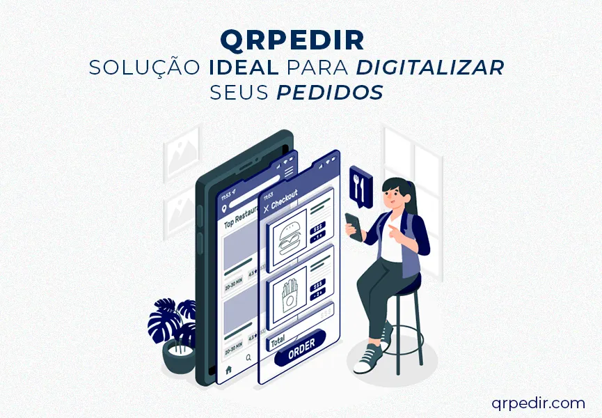 Capa fundo branco e letras azul. Imagem em vetor de uma mulher mexendo num cardápio digital. QRpedir