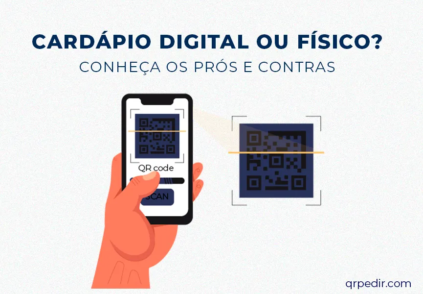 Capa com fundo branco e letras azul. Imagem de um smartphone fazendo leitura de um cardápio qrcode.