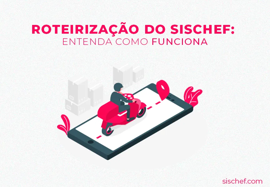 Capa com fundo branco e letras rosa. Imagem em vetor de um entregador usando Roteirização.