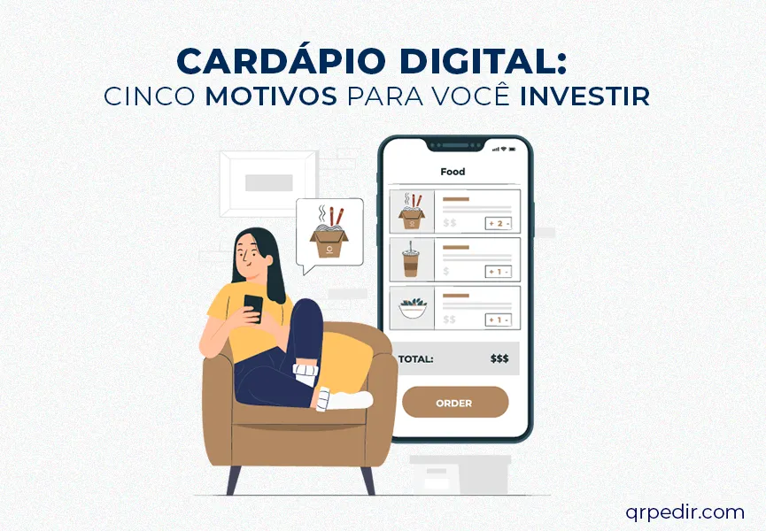 Capa com fundo branco e letras azul. Imagem em vetor de uma mulher usando o cardápio digital.