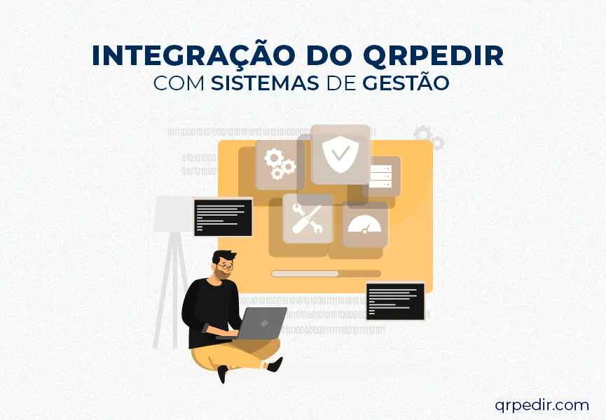 Capa com fundo branco e letras azuis. Imagem em vetor de homem fazendo integração de sistemas.