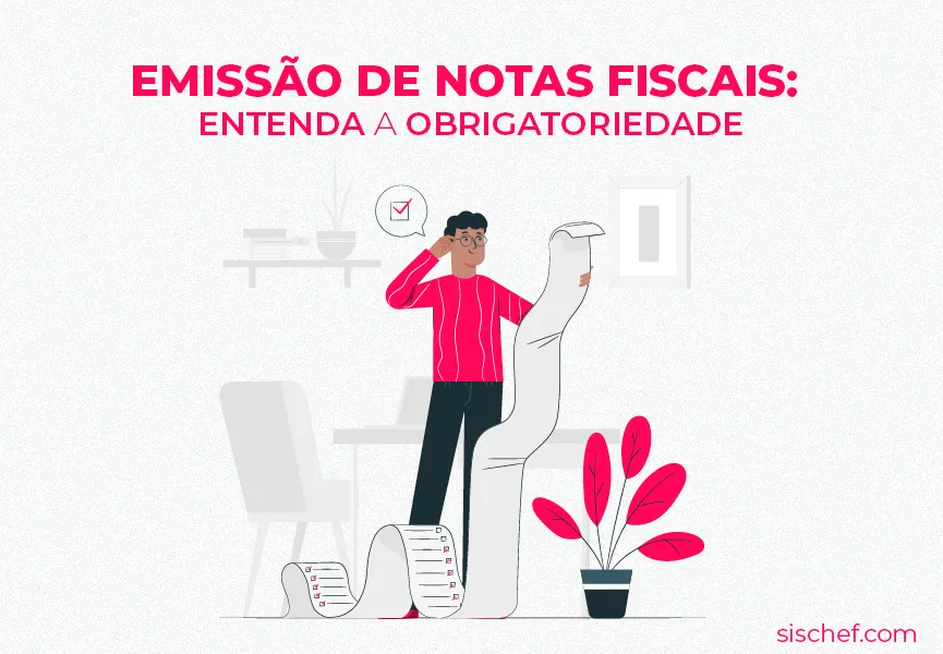 Capa com fundo branco e letras rosa. Imagem em vetor de um homem conferindo sua NF-e. Emissão nota fiscal.