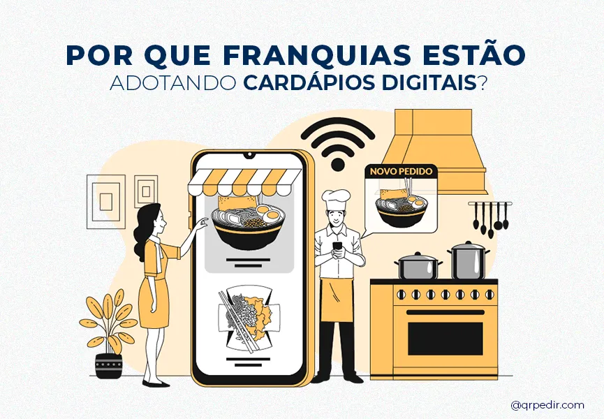 Capa com fundo branco e letras azuis. Imagem em vetor de uma mulher fazendo pedido em cardápio digital. Franquias