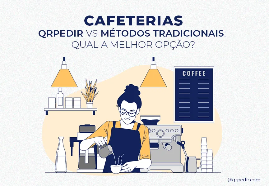 Capa com fundo branco e letras azuis. Imagem em vetor de uma mulher trabalhando em uma cafeteria. Cafeterias.