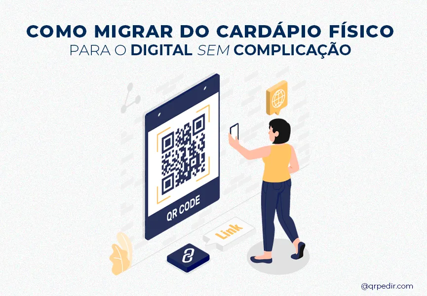 Capa com fundo branco e letras azuis. Imagem em vetor de uma mulher fazendo pedido em um cardápio digital.