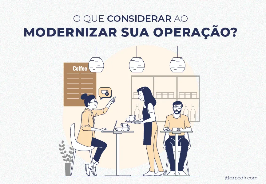 Capa com fundo branco e letras azuis. Imagem em vetor de uma atendente em uma operação de foodservice.