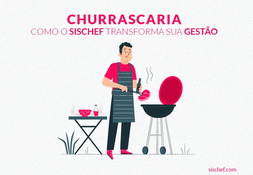 Capa com fundo branco e letras rosa. Imagem em vetor de um homem preparando um churrasco. Churrascaria.