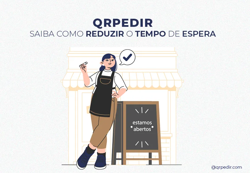 Capa com fundo branco e letras azuis. Imagem em vetor de mulher abrindo operação foodservice. Reduzir.
