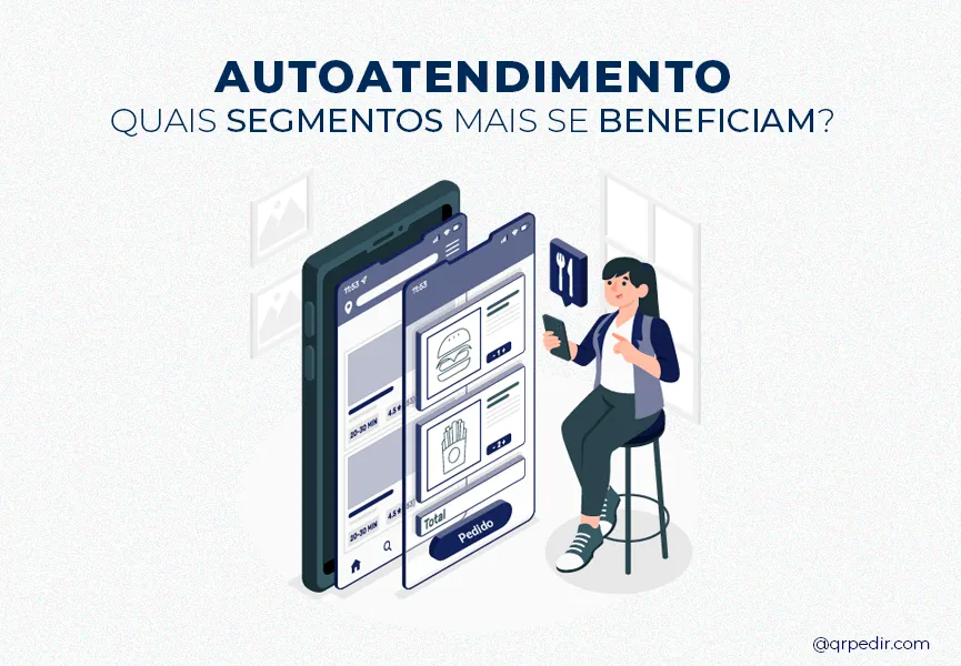 Capa com fundo branco e letras azuis. Imagem em vetor de uma mulher usando autoatendimento em um smartphone.
