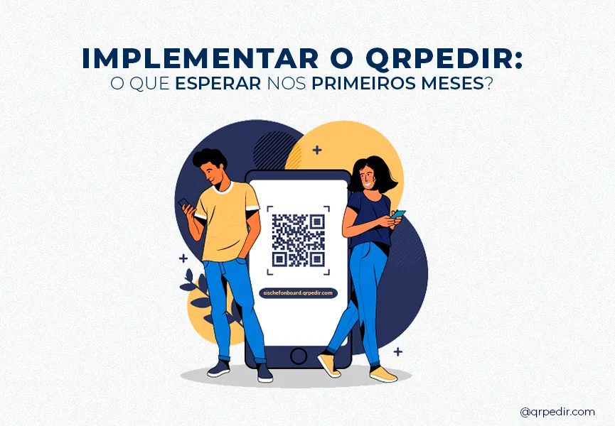 Capa com fundo branco e letras azuis. Imagem em vetor de um homem e uma mulher mexendo smartphone com qrcde. Implementar