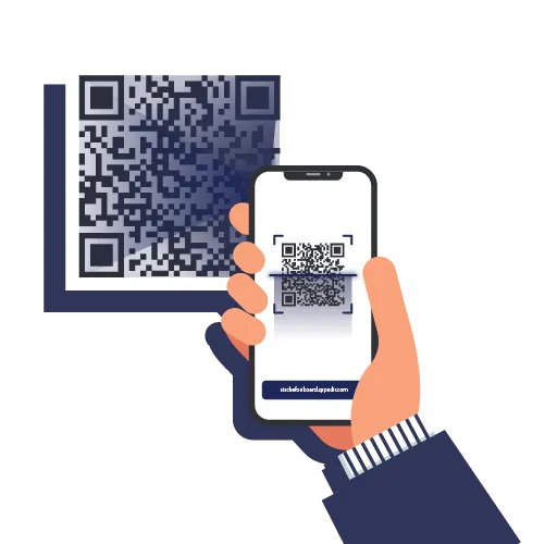 Capa com fundo branco e letras azuis. Imagem em vetor de uma mão fazendo uma leitura de um cardápio digital qrcode.