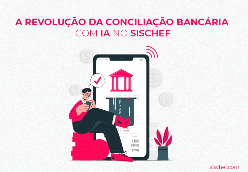 Capa com fundo branco e letras em rosa. Imagem em vetor de um homem fazendo a conciliação bancária de seu estabelecimento.