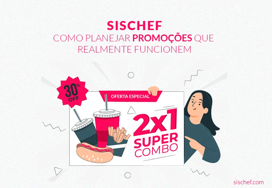 Capa com fundo branco e letras rosa. Imagem em vetor de uma mulher divulgando promoções.