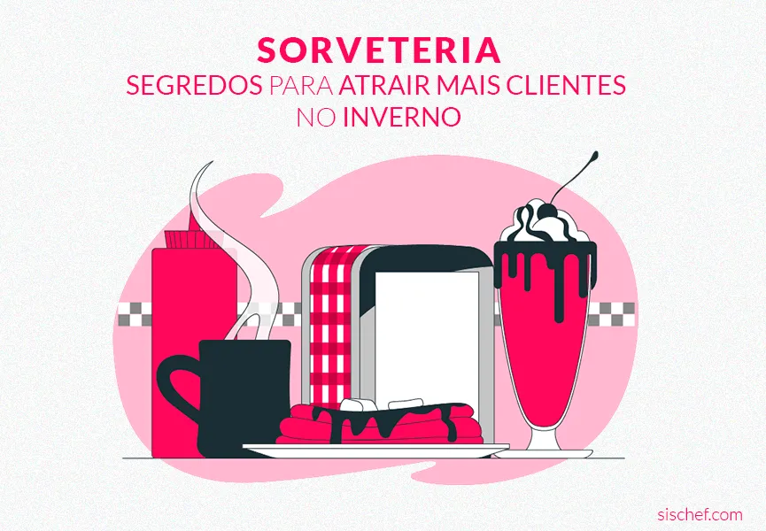 Capa com fundo branco e letras rosas. Imagem em vetor de uma sorveteria com cardápio de inverno.