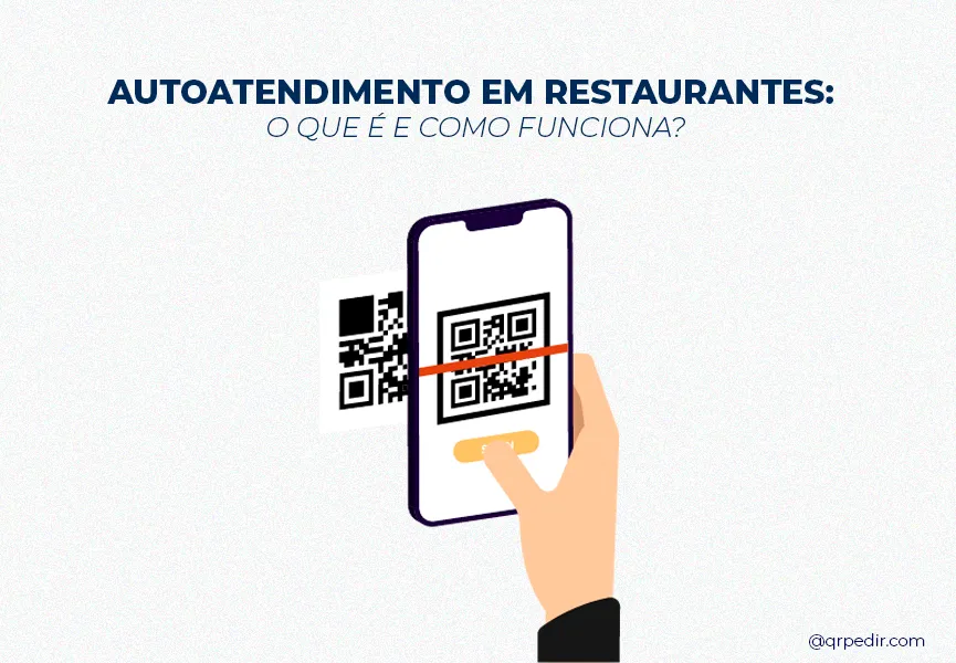 Capa com fundo branco e letras azuis. Imagem em vetor de um cliente lendo qrcode em restaurantes.