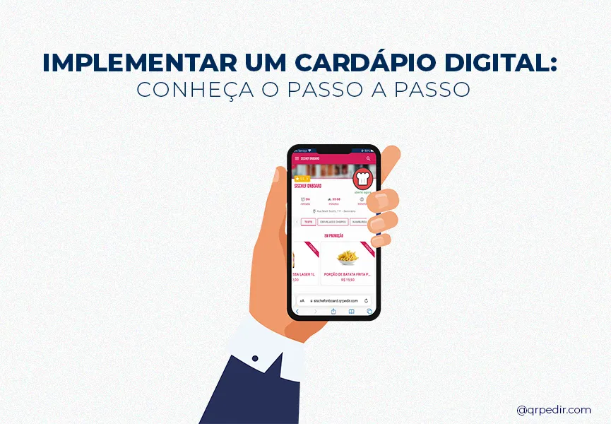 Capa com fundo branco e letras azuis. Imagem em vetor de um cardápio digital.